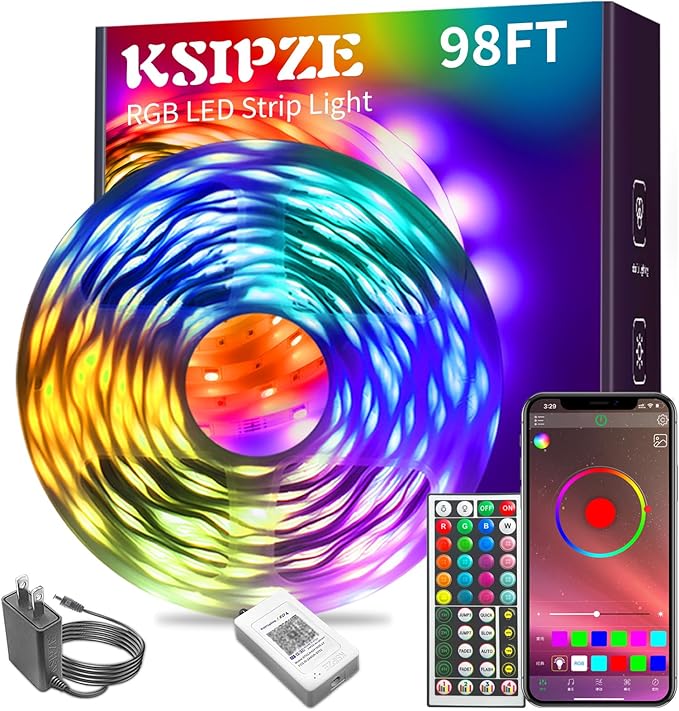 KSIPZE 98ft Led Strip Lights RGB Music Sync Color Changing Bluetooth Led Lights with Smart App Control Remote Led Lights for Bedroom Room Lighting KSIPZE