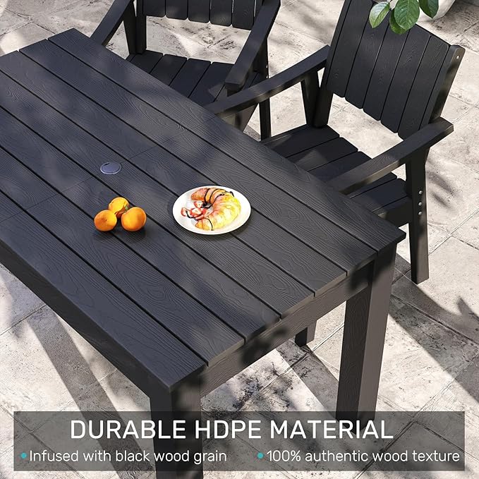 ZHUSI Patio Table and Chairs Set, Outdoor Table and Chairs,HDPE Outdoor Dining Set with Umbrella Hole for Backyard, Poolside, Porch (Black, 7 PC) ZHUSI