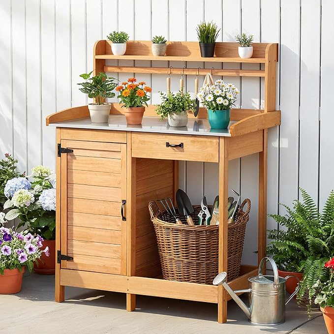 VEVOR Potting Bench Table, 3-in-1 Outdoor Gardening Wooden Workstation with 44 x 19 in Galvanized Iron Tabletop, Garden Work Station with Drawer, Storage Cabinet & Shelves, Hooks for Patio, Backyard VEVOR