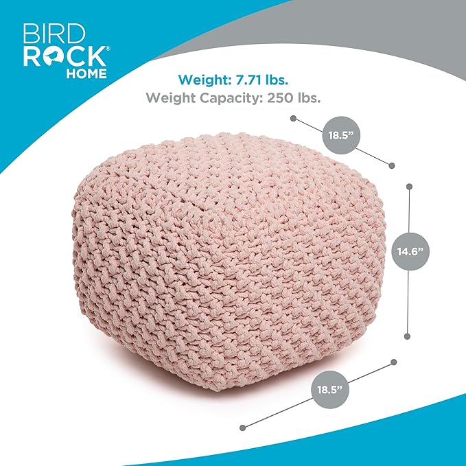 BIRDROCK HOME Square Pouf Ottoman | Cotton Braided Foot Stool with Bean Bag Filling | Boho Foot Rest for Living Room, Bedroom | Compact & Comfortable Seating, Lightweight & Sturdy | Dusty Rose BIRDROCKHOME