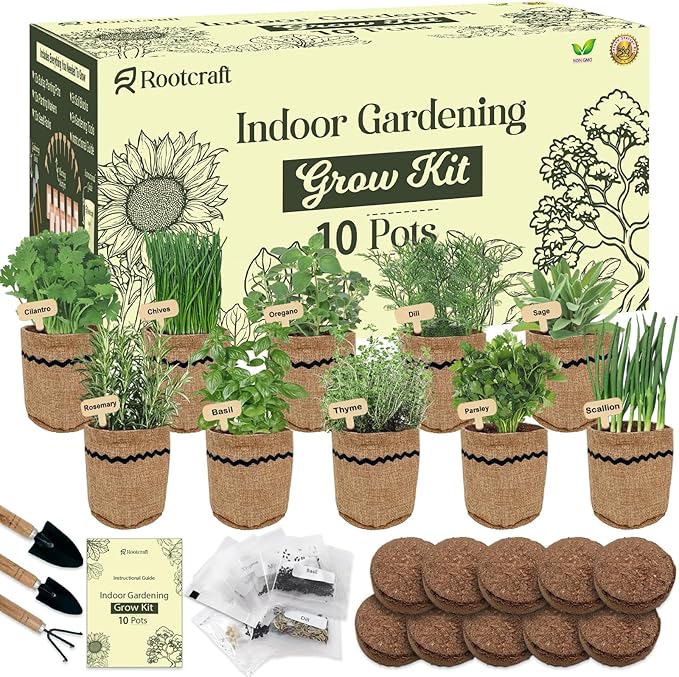 10 Herb Garden Planter Indoor Kit, 44pcs Complete Kitchen Herb Starter Set Including Burlap Pots, Markers, Soil Discs, Gardening Tools, Unique Easter/Birthday/Christmas Gift Ideas for Women, Mom ROOTCRAFT