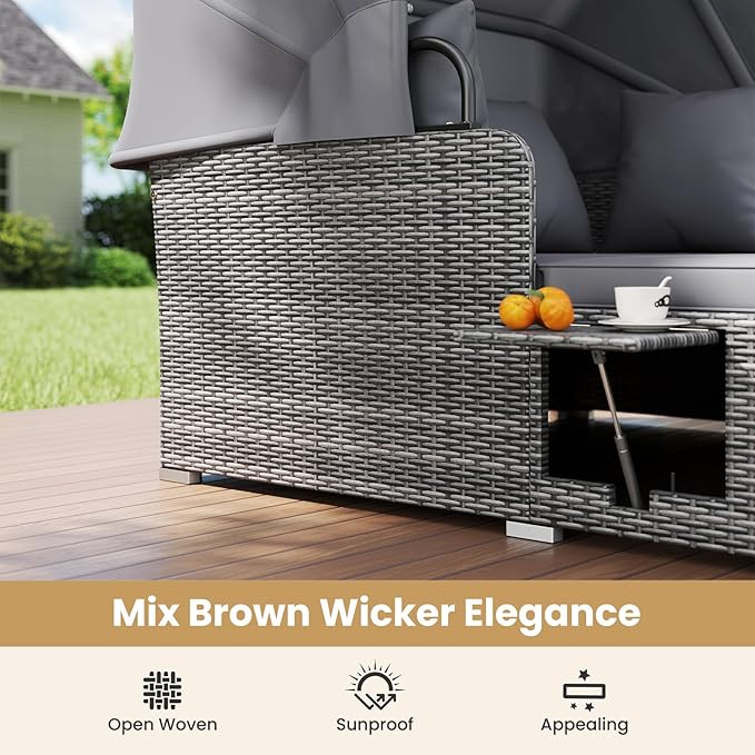 Tangkula Patio Rattan Daybed with Retractable Canopy, Outdoor Wicker Sunbed Lounger with 2 Foldable Side Tables, Thick Seat & Back Cushions, Outside Double Daybed for Garden, Backyard, Porch, Grey TANGKULA