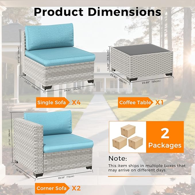 6-Seat Modular Patio Furniture Set – Outdoor Wicker Sectional Sofa with Thick 4″ Cushions, Dual-Strand PE Rattan, Rust-Resistant 18 mm Steel Frame, Backyard Garden Deck Lounge,Blue MASIONBACKYARDS