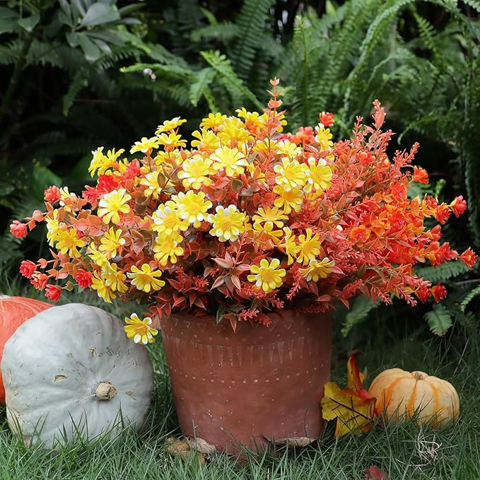 16 Bundles Artificial Plants Outdoor Fake Fall Flowers Mums for Garden Decor for Window Garden Office Patio Hanging Planter Pathway Front Porch (Mixed) YIBUKIY
