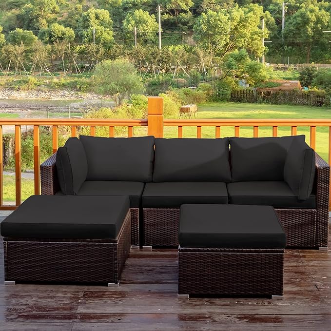 Tangkula 5 Piece Patio Rattan Furniture Set, Outdoor Sectional Rattan Sofa Set with Back & Seat Cushions, Wicker Conversation Set with Tempered Glass Table for Backyard Porch Poolside (Black) TANGKULA