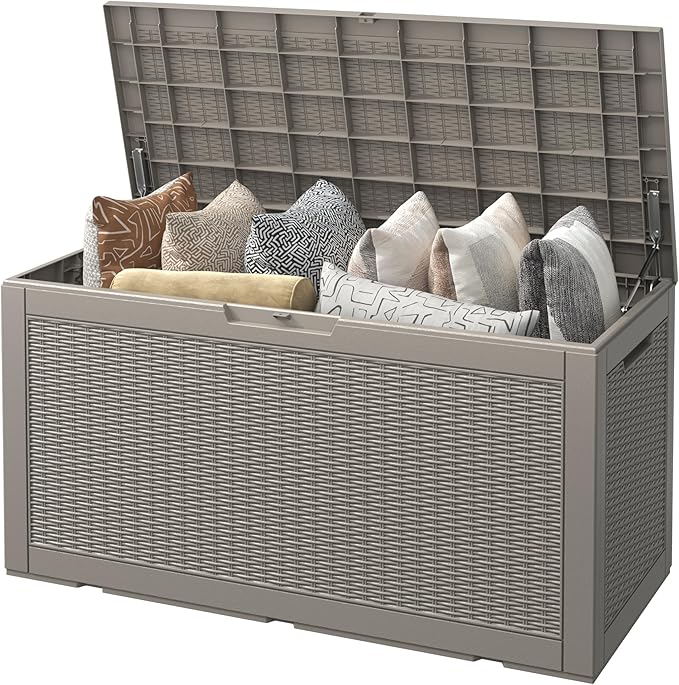 Outdoor Storage Box, Resin Deck Boxes Indoor and outdoor, Waterproof Storage Box Lockable Lid (Grey, 100 Gallon) NBYSGO