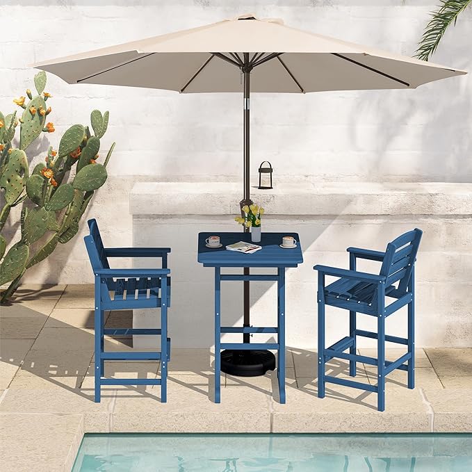 SERWALL 4 Pieces Outdoor Patio Bar Set with 9ft Umbrella, Outdoor HDPE Barstool and Table Furniture Set with Patio Umbrella, Blue SERWALL