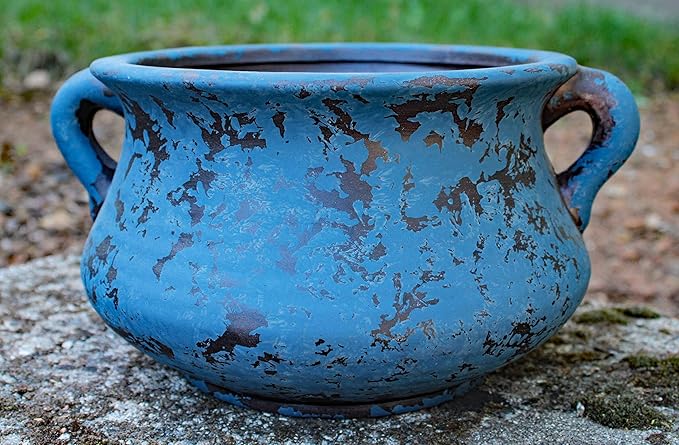 Egyptian Era Designed Earthen Ware Terra-Cotta Vessel/Planter with Looped Handles. Blue Goodman+and+Wife
