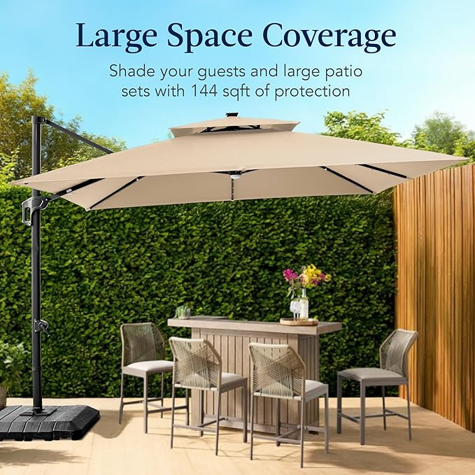 Best Choice Products 12x12ft LED Cantilever Patio Umbrella w/Base Included & 360° Rotation, Large Solar Offset Hanging Outdoor Sun Shade for Deck, Backyard Table w/Stand & Lights – Sand BestChoiceProducts
