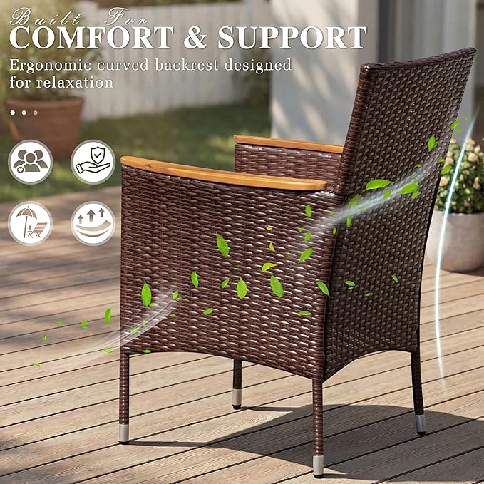 Devoko Outdoor Patio Dining Sets 9 Pieces Wicker Outdoor Dining Table and Chairs Set with Acacia Wood Table Top and Widened Armrests for Backyard, Garden, Deck (Brown) DEVOKO