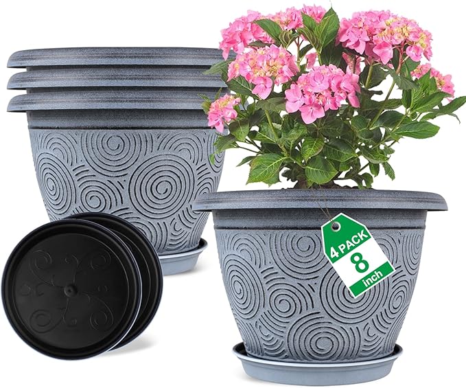 8 Inch Flower Pots Planters for Indoor Outdoor Plants, 4 Pack Plastic Small Plant Pots with Drainage Hole & Tray, Modern Decorative Garden Pot with Saucer, Plant Container for House Fodetyff