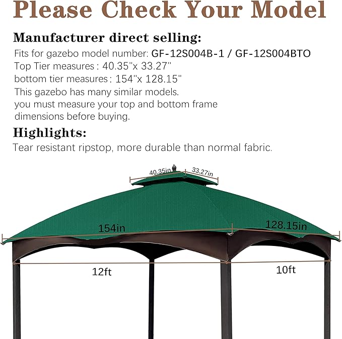 SCOCANOPY Forest Green Ripstop Replacement Top Fit for Lowe's Allen Roth 10X12 Gazebo Model #GF-12S004B-1/ GF-12S004BTO SCOCANOPY