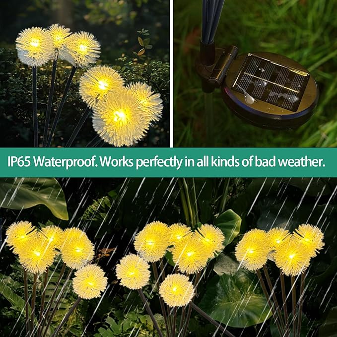 4PK 32LED Solar Garden Lights Outdoor, Dandelion Solar Lights Outdoor, IP65 Waterproof Firefly Light Outside Decor for Patio Pathway, Sway by Wind for Fairy Garden Dandelion Decorations, Warm White KAQ