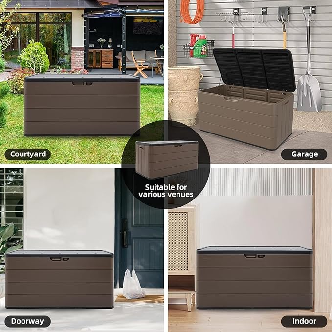 TARKARI Premium Pro Edition 100 Gallon Lockable Resin Deck Box, Waterproof & UV-Resistant Outdoor Storage Box for Outdoor Cushion Storage, Garden Tools & Pool Accessories Storage, Brown Home