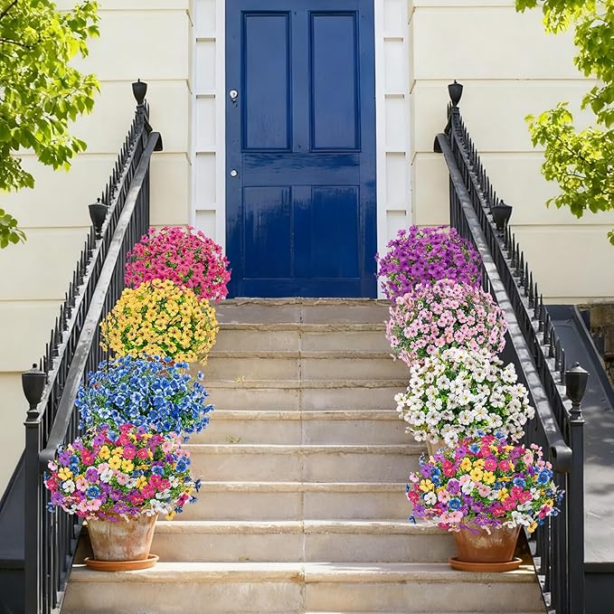 Bassion Artificial Flowers for Outdoors, 24 Bundles UV Resistant Fake Flowers Realistic Silk Faux Plants for Outdoor Planter Window Box Porch Patio Garden Home Outside Decorations Bassion