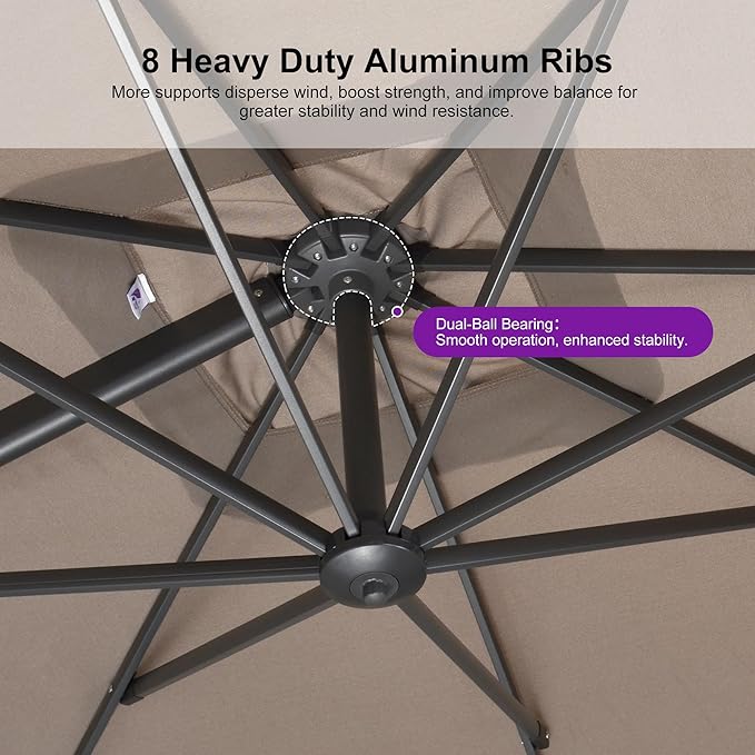 PURPLE LEAF Patio Umbrella 8' X 8' Rectangle Cantilever Umbrella Large Aluminum Outdoor Umbrellas with 360-degree Rotation & UPF40+ Premium Fabric for Deck Pool Garden Yard, Ash Mocha Rootora