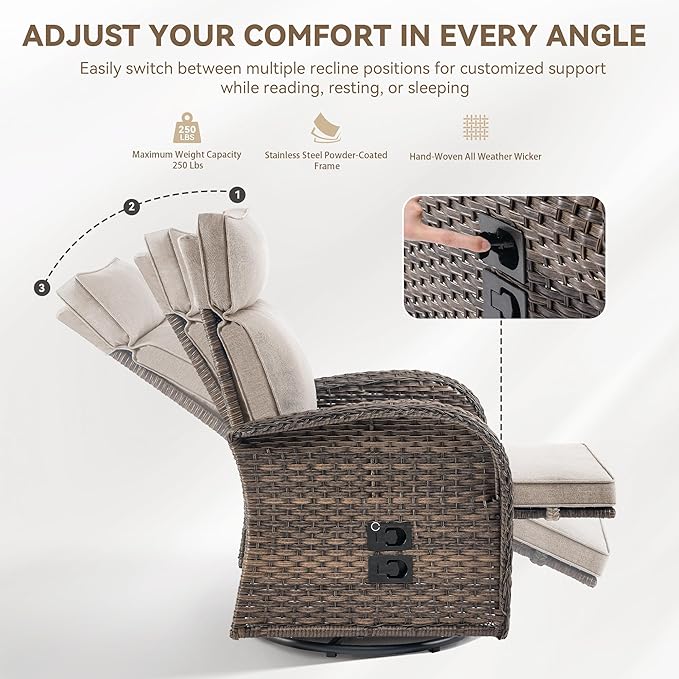 Zero Gravity Patio Swivel Rocking Recliner Chair - Wicker Outdoor Lounge Chair with Adjustable Backrest & Footrest, All Weather Reclining Rocker Chairs with Thick Cushion for Pool Deck Beige JelwalyPatioFurnitureSet