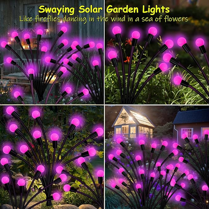Kohlrabi Solar Garden Lights Outdoor, 4 Pack 40 LED Solar Pink Firefly Lights Waterproof, Starburst Wind Swaying Light for Outside Yard Patio Planter Flower Bed Walkway Christmas Decoration KohlrabiDecor