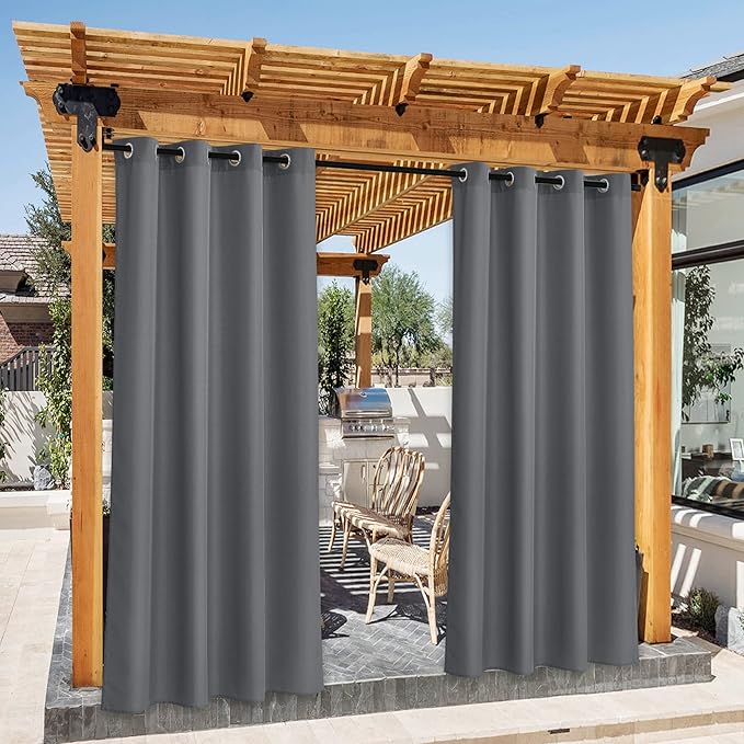 NICETOWN Patio Curtains Outdoor Waterproof 2 Panels, Stainless Steel Ring Top Outdoor Indoor Window Drapes Keep Rain Out for Gazebo/Playground/Porch, W55 x L95 Inch, Grey NICETOWN