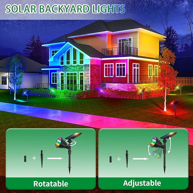 JSOT 2 Pack Christmas Solar Spotlights, RGB Solar Spot Light Outdoor Waterproof Color Changing Landscape Lighting with 9 Lighting Options Decor for Backyard Walkway Tree Lawn JSOT