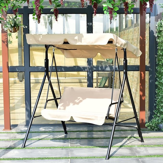 Tangkula 2 Person Porch Swing, Outdoor Swing with Removable Cushions, Solid Steel Structure, Patio Swing with Adjustable Canopy for Porch, Backyard, Garden, Balcony Beige TANGKULA
