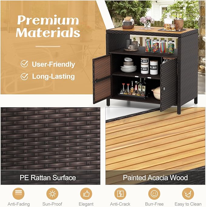Tangkula Rattan Outdoor Storage Cabinet, Patiojoy Outdoor Cabinet with Acacia Wood Countertop, Open Compartment, 2-Door Wicker Sideboard, Outdoor Bar for Patio Garden Backyard Poolside (Mix Brown) TANGKULA