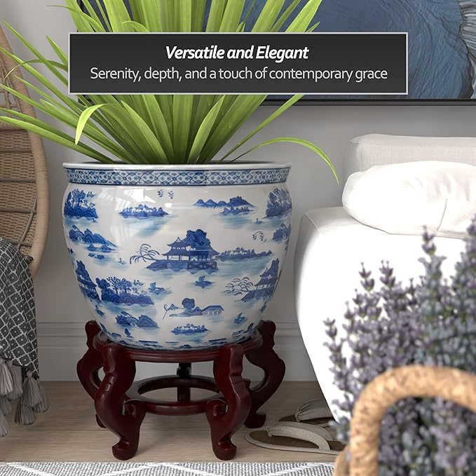 Red Lantern 20" Porcelain Fishbowl Blue & White Landscape Planter RedLantern