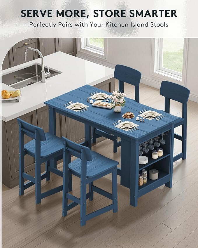 SERWALL 10-Piece HDPE Counter Height Dining Table Sets with Storage and Wine Rack, 2 Rectangular Bar Table with Bar Stools Set of 8 for Garden, Backyard, Kitchen, Blue SERWALL