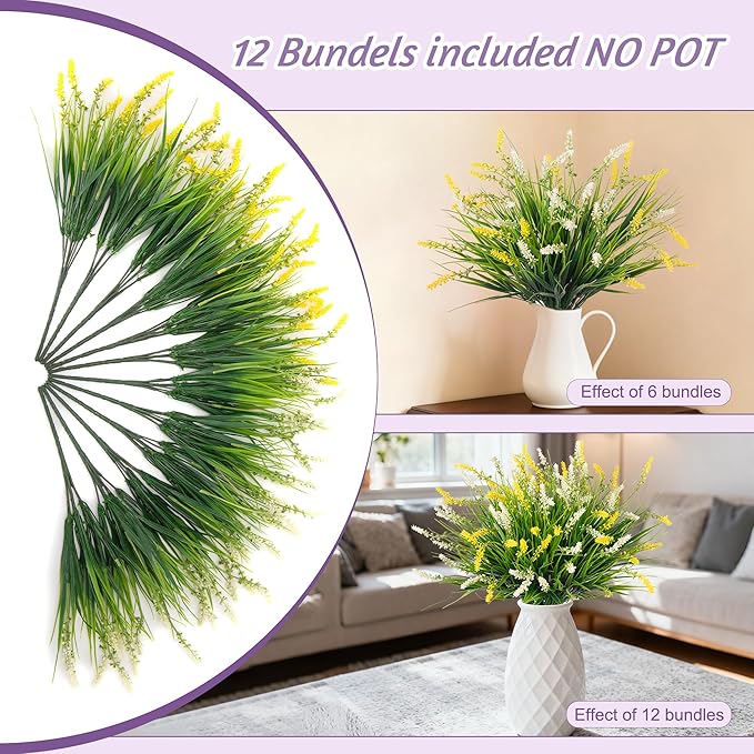 Artificial Faux Plants for Outdoor Spring Decoration, 12 Pcs Fake Monkey Grass for Garden Porch Balcony Planters, Fake Flowers Shrubs UV Resistant No Fade Plants Greenery Bush(Yellow White) Ammyoo