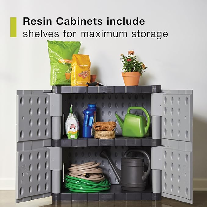 Rubbermaid Freestanding Storage Cabinet with Doors 18"D x 36"W x 37"H Medium Gray/Black Two-Shelf Lockable Cabinet for Indoor/Outdoor/Garage Storage for Garden Tools/Lawn Care Accessories Rubbermaid