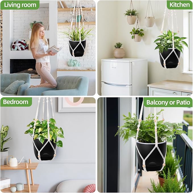 2-Pack 7.1-Inch Self-Watering Hanging Planters for Indoor & Outdoor Plants,34Inch Macrame Hanger Plant Pots Indoor with Drainage,Small Hanging Planters & Baskets,With Two Sets of Hooks（Pure black） QCQHDU