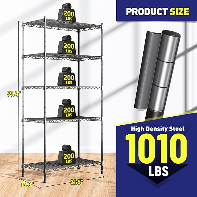 5-Tier Shelf 1010LBS Storage Shelves Adjustable Wire Shelving Metal Shelving Unit Storage Rack for Kitchen Pantry Closet Laundry School Commercial 59.4" Hx21.5 W x13.6 D Romorgniz