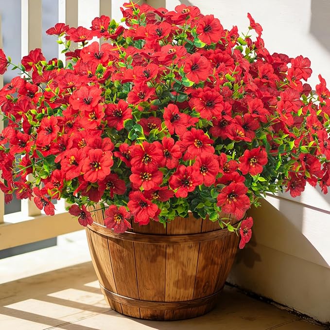 20 Bundles Artificial Flowers for Outdoors, UV Resistant Fake Plants Flowers Greenery Shrubs Plants for Decoration Outside Plants Hanging Planter Home Garden Decor (Red) Grunyia