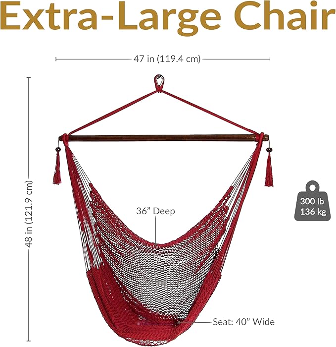Sunnydaze Outdoor Hammock Chair Swing - Hanging Hammock Swing - Hanging Reading Chair - Soft-Spun Polyester Rope - Caribbean XL - Red SunnydazeDecor