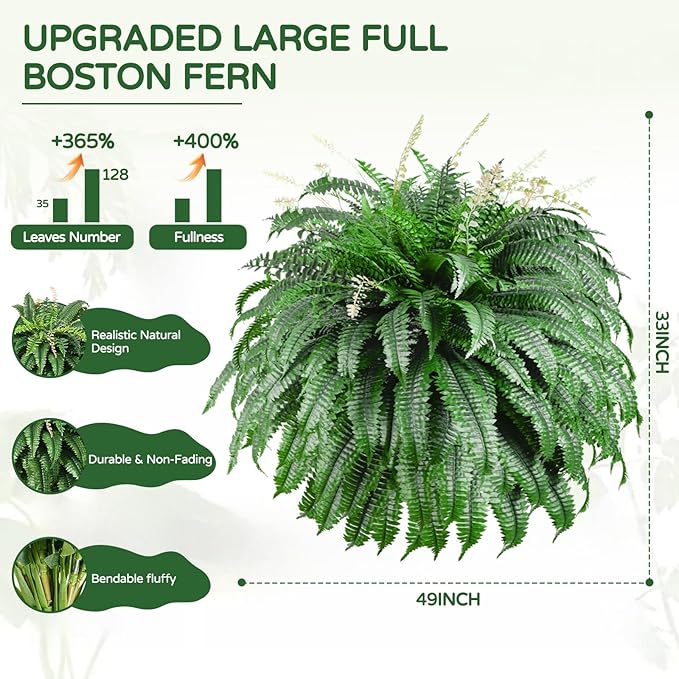 49” Artificial Ferns for Outdoors Planter, 128 Leaves per Fern, Set of 2, Large Lush Fake Boston Ferns Hanging Plants, UV Resistant Faux Greenery for Porch Patio Garden Home Decor Indoor Outdoor FAJUNZH