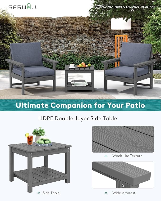 SERWALL HDPE Patio Sofa Set, 3-piece Sectional Outdoor Furniture Set, All Weather Outdoor Couch Set Patio Furniture Set for Deck, Lawn, Grey Frame with Grey Cushion SERWALL
