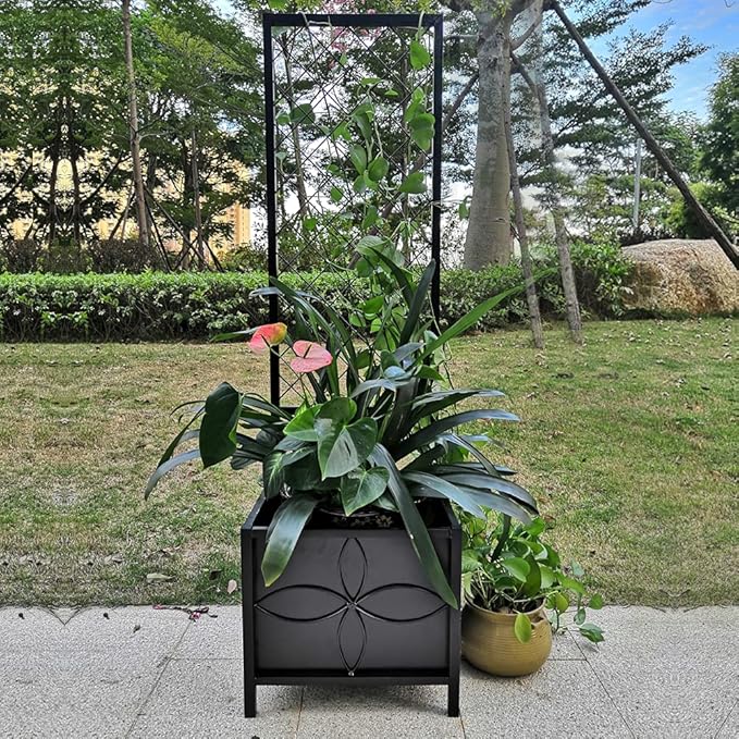 Zhongma 15.75 x 15.75 x 55 in Raised Garden Bed with Trellis,Heavy Duty Plant Box for Climbing Plants with Drainage Hole, Metal Lattice Planter Gardon Box with Inner Fabric Liners. Zhongma