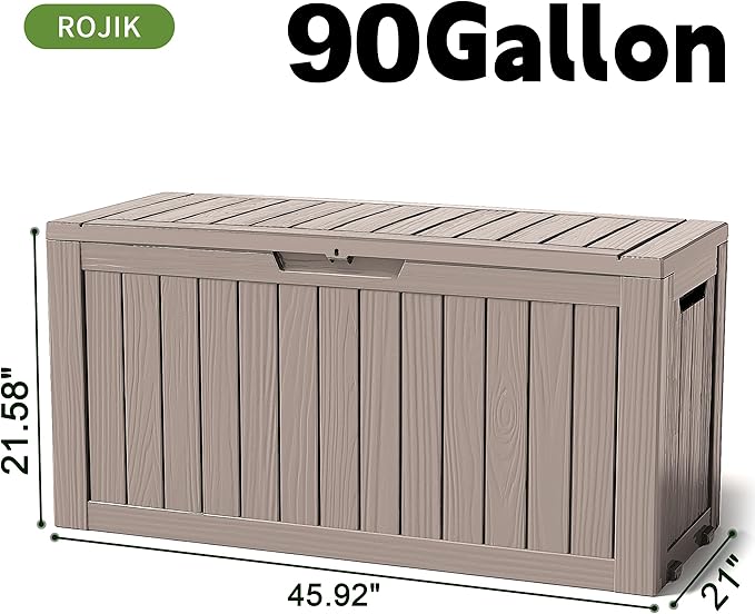 ROJIK Outdoor Storage Housing Deck Box - Waterproof Patio Furniture, Garden Tools, Cushions, Pool Accessories Storage Bench with Lockable Lid and Side Handles (Grey 90 Gal) ROJIK