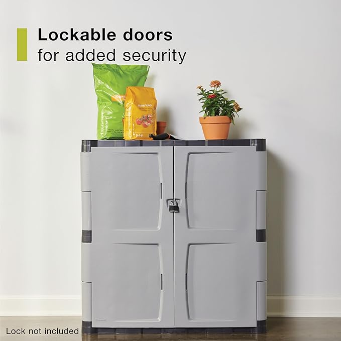 Rubbermaid Freestanding Storage Cabinet with Doors 18"D x 36"W x 37"H Medium Gray/Black Two-Shelf Lockable Cabinet for Indoor/Outdoor/Garage Storage for Garden Tools/Lawn Care Accessories Rubbermaid
