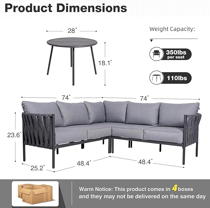 Outdoor Patio Furniture, 6 Pieces Outdoor Sectional L-Shaped Sofa Patio Conversation Sets, Patio Furniture Set with Thick Cushions and Coffee Table for Garden, Poolside, Backyard, Grey COMLAXFIELD