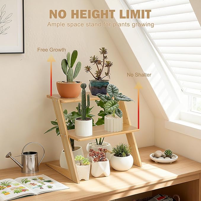 3 Tier Table Top Countertop Small Plant Stand with Shelf Adjustable, Bamboo Wooden Desk Plants Succulent Stand, Office Flower Pot Holder Rack ,Cup Cake Stand, Kitchen Spice Rack OcBuct