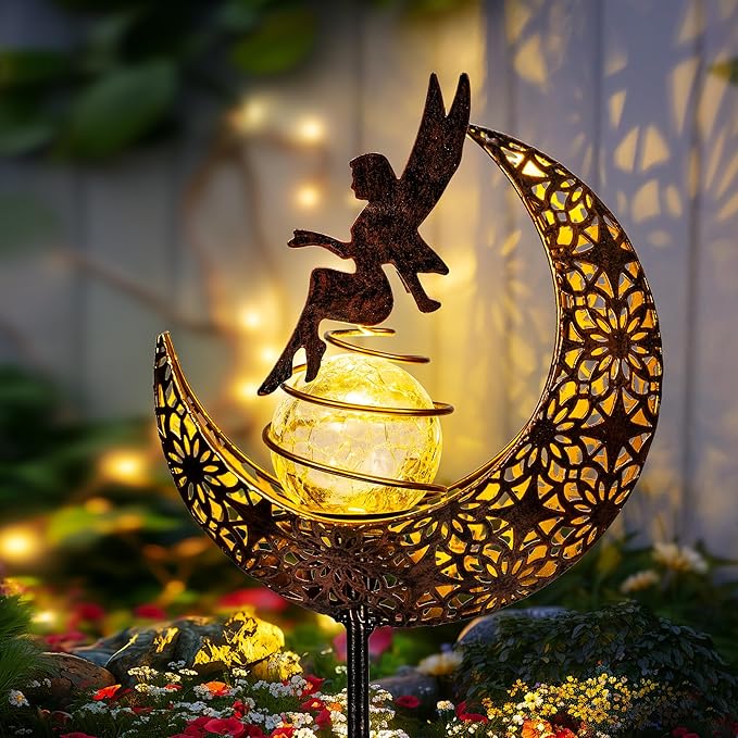 Fairy Garden Solar Lights Outdoor Moon Stakes, Waterproof Outdoor Metal Decor Gifts for Women Mom, Art Moon Sculpture for Yard, Patio, Garden, Porch, 1 Pack Suncket