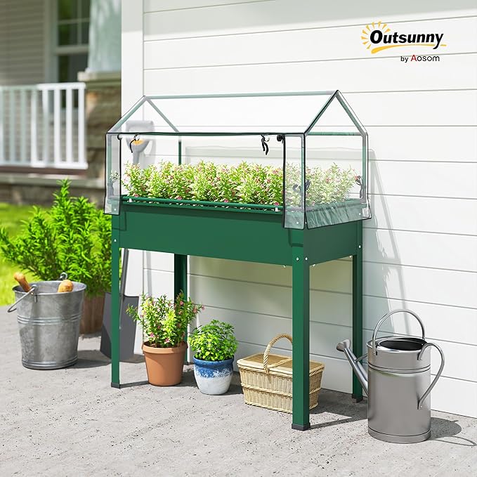 Outsunny Raised Garden Bed with Greenhouse Cover, Elevated Planter Box with Legs and Drainage Hole for Vegetables Flowers Herbs, 39.4" x 18.9" x 48.8", Green Outsunny
