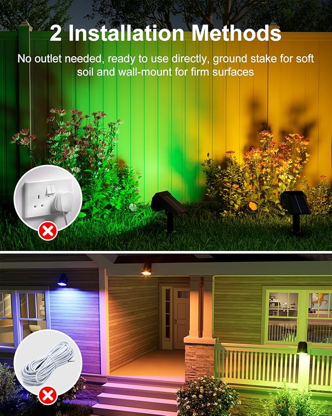 6 Pack Color Changing Solar Powered Outdoor Spot Lights Outside Landscape Waterproof 24 LED Spotlights Dusk to Dawn for Christmas Decorations,Tree, Snowman, Elk Statues, 8 Colorful for Accent Lighting GVSHINE
