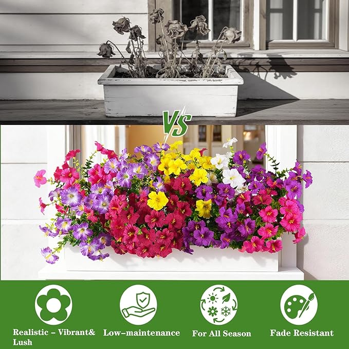 INQCMY Artificial Flowers for Outdoors Fake Plants Spring Decoration, 12 Bundles Faux Petunias UV Resistant No Fade Realistic Silk Flower for Outside Planters Patio Porch Yard Window Box INQCMYPlantRack