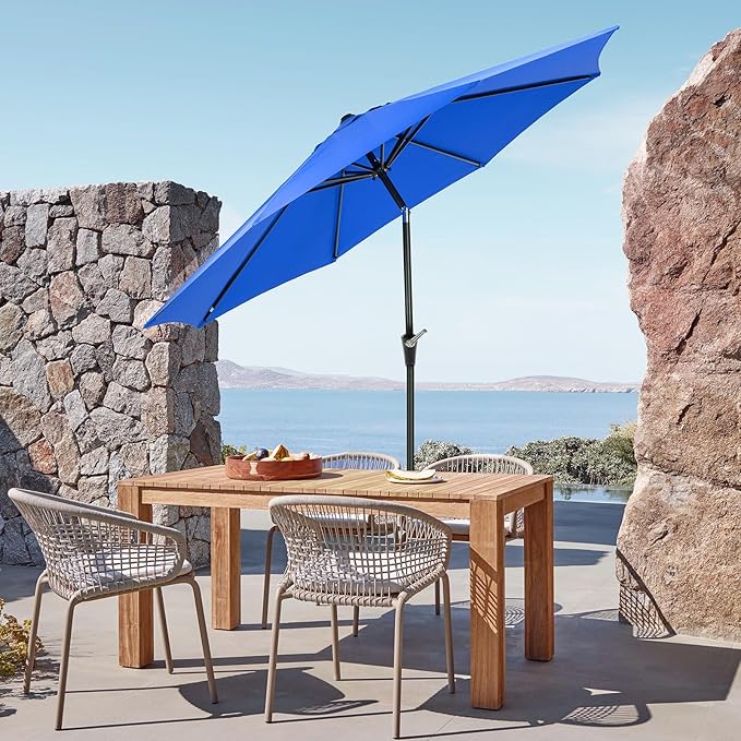 OLIXIS 9ft Patio Umbrella with Tilt and Crank Button & 8 Sturdy Ribs Waterproof, Patio Table Umbrella Perfect for Poolside, Terrace, Beach and Outdoor Restaurant, Blue OLIXIS