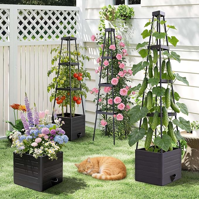 4 Pack Raised Garden Bed Planter Box with Trellis, 57" Self-Watering Tomato Cage Planters for Climbing Plants Vegetable Vine Flowers Outdoor & Indoor (57x9.8x9.8IN) MQHUAYU