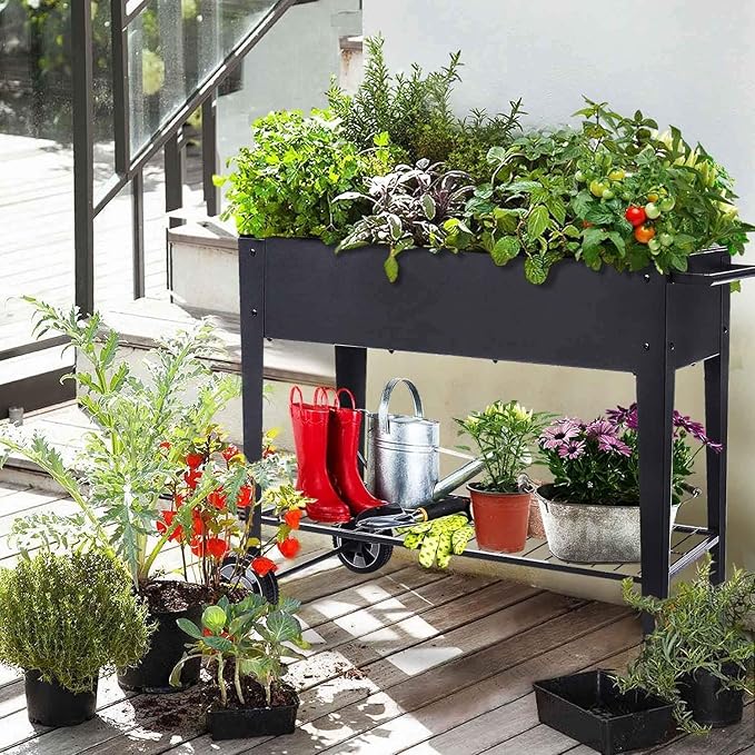 31.5" Tall Raised Garden Bed with Wheels, Extra 15.7" W Planter Box (400 lbs Loads) with Storage Shelf & Handle,Heavy Duty Metal Garden Planter for Vegetables, Herbs & Flowers, Patio & Balcony FOYUEE