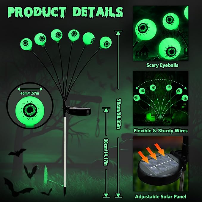 BrizLabs 8 Pack 48 LED Halloween Solar Lights, 2 Modes Outdoor Halloween Eyeball Pathway Lights, Solar Spooky Light Waterproof, Green Swaying Firefly Lighting for Path Yard Garden Lawn BrizLabs