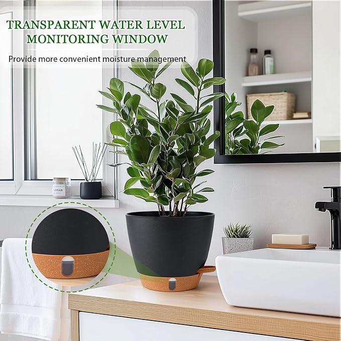 2 Pack 8 Inch Pots for Plants Indoor, Plastic Self Watering Planters with Drainage Holes, Water Level Indicator & Deep Reservoir, Decorative Flower Pots Indoor Outdoor Use (Black Fielda